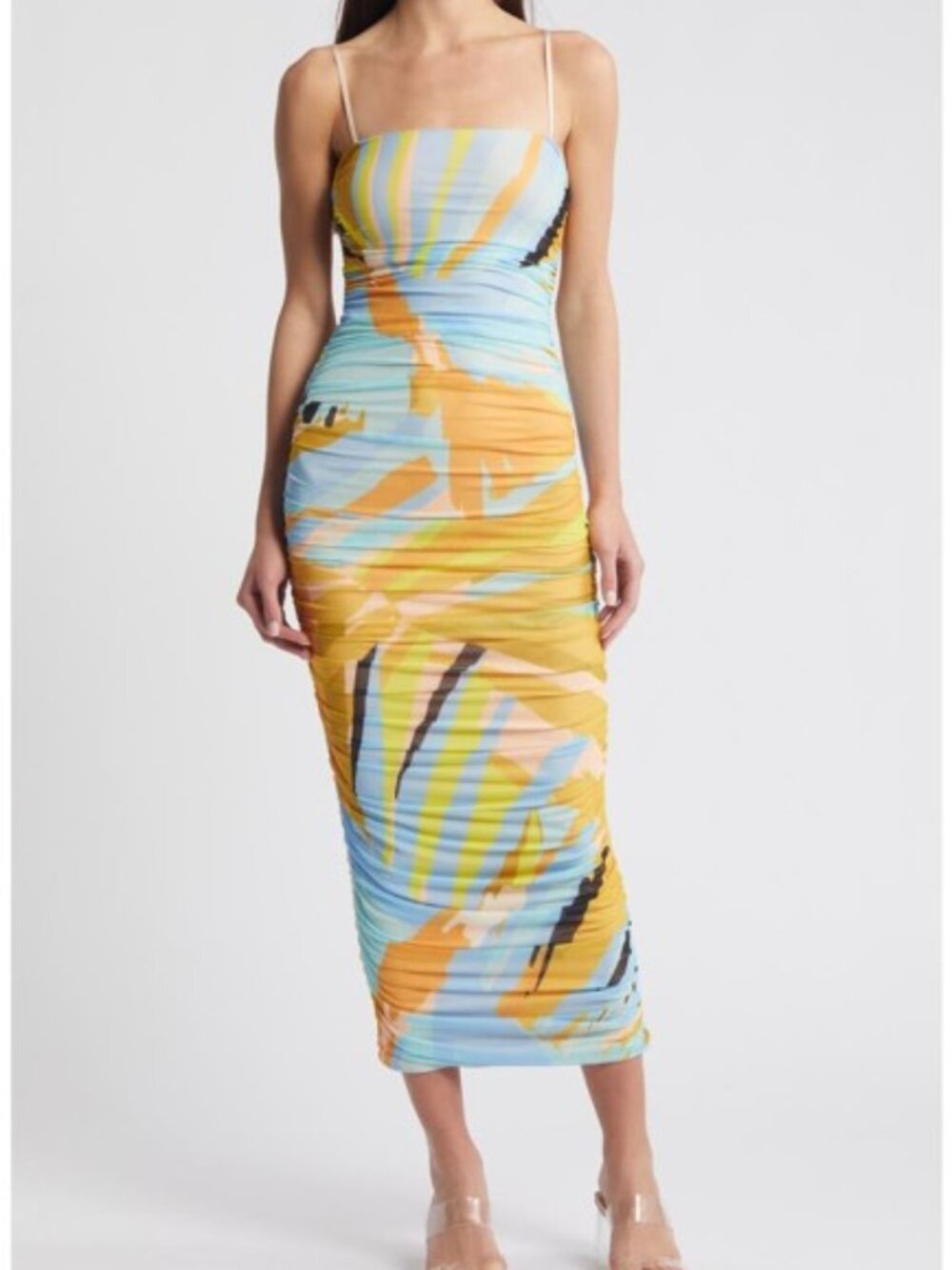 AFRM Hazel Abstract Print Mesh Ruched Bodycon Midi - S - NWT - BIRD OF PARADISE